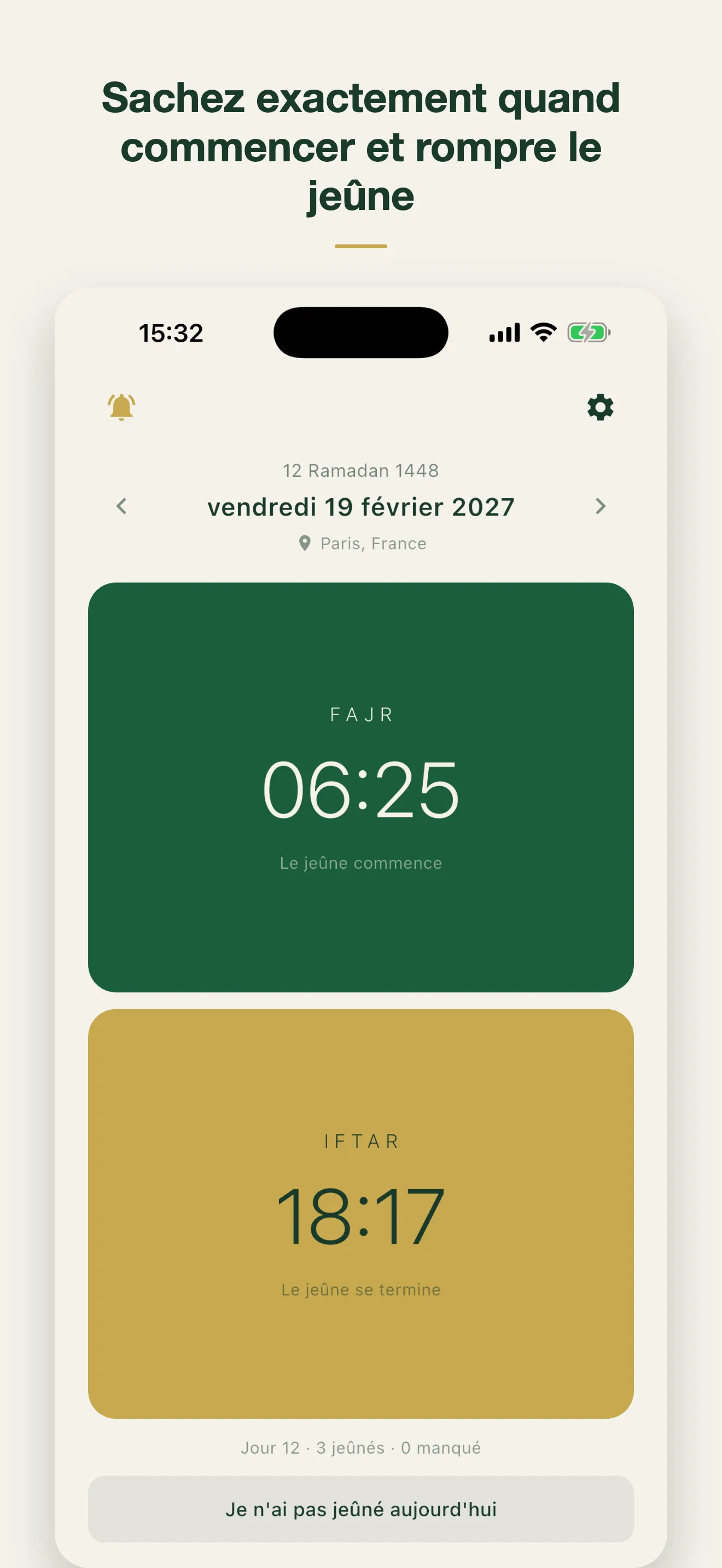 L'accueil de Siam un jour de Ramadan : l'heure du Fajr où le jeûne commence, l'heure de l'Iftar où il se termine, selon ta position