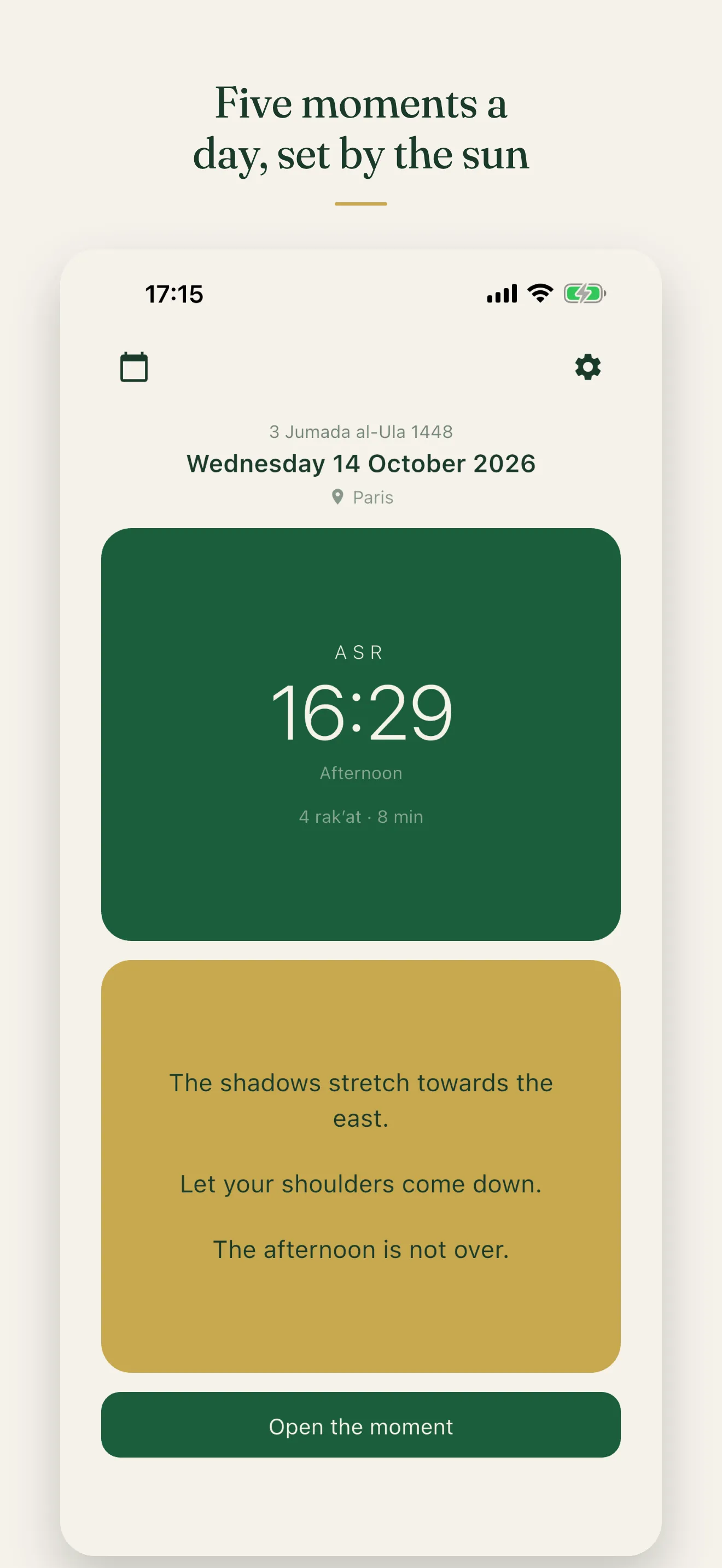 The Falaq home screen at Asr: the moment open now, its time, its length, three short lines and the button that opens it