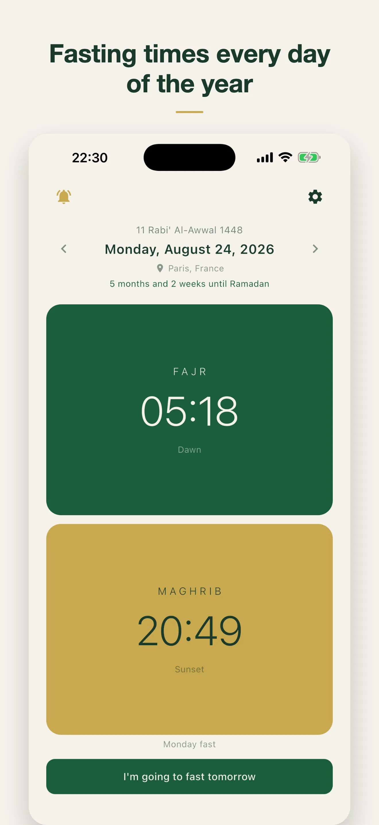 Fasting hours on a day outside Ramadan, with the time left until the next Ramadan