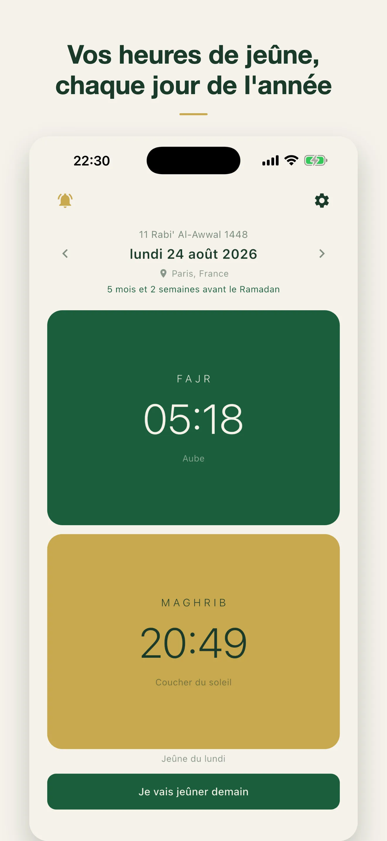 Les heures de jeûne d'un jour hors Ramadan, avec le temps restant avant le prochain Ramadan