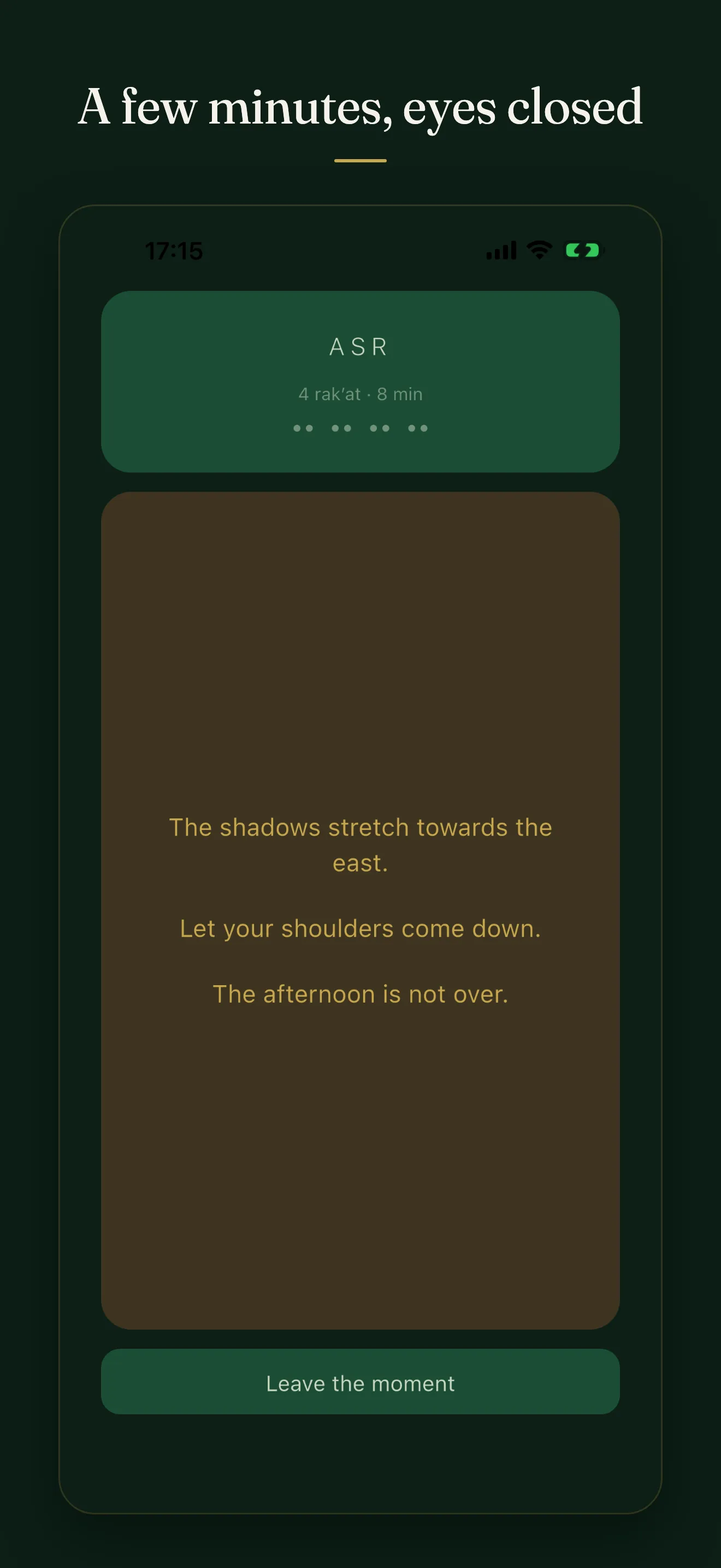 A session under way: the dark screen, the moment's name, its three lines in a card, nothing counting down