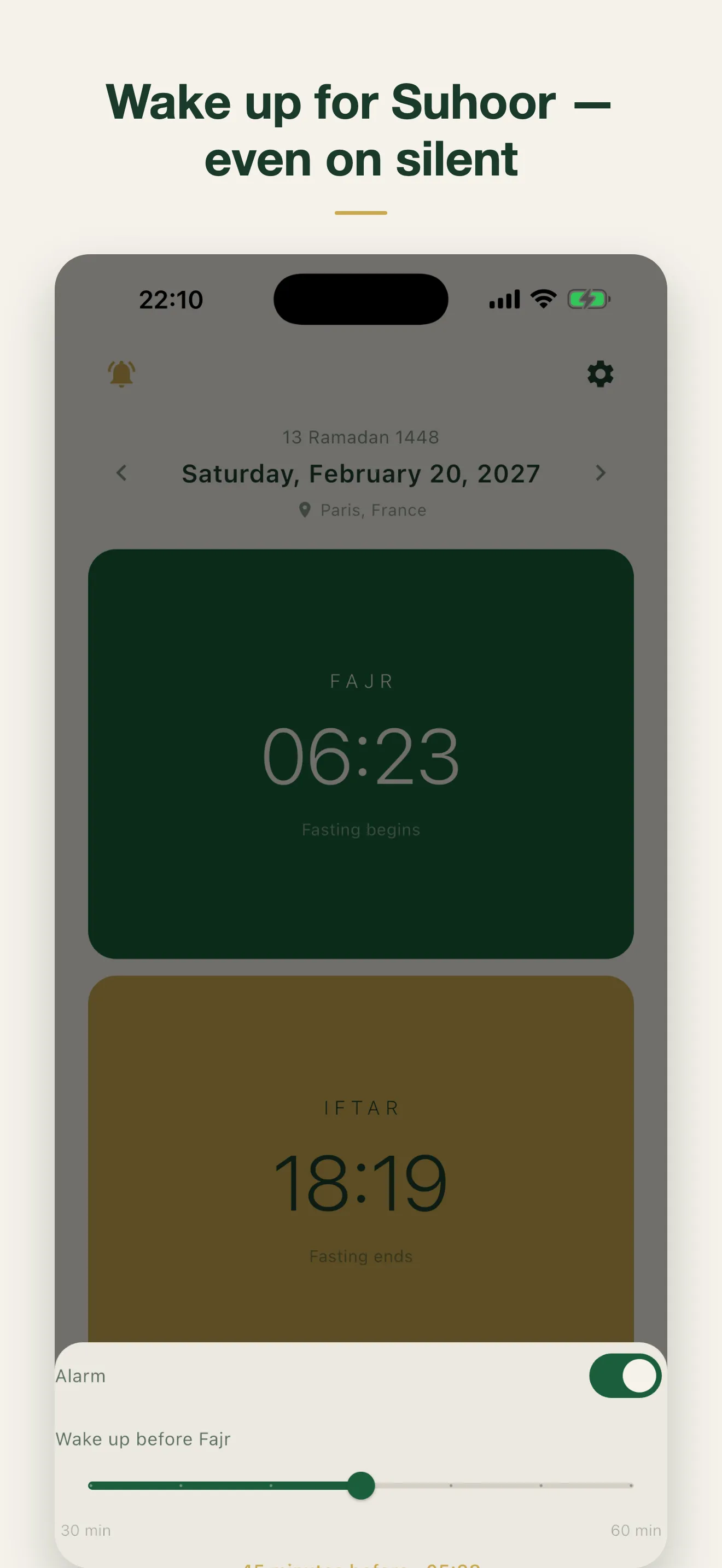 The Suhoor alarm setting: a wake-up 30 to 60 minutes before Fajr