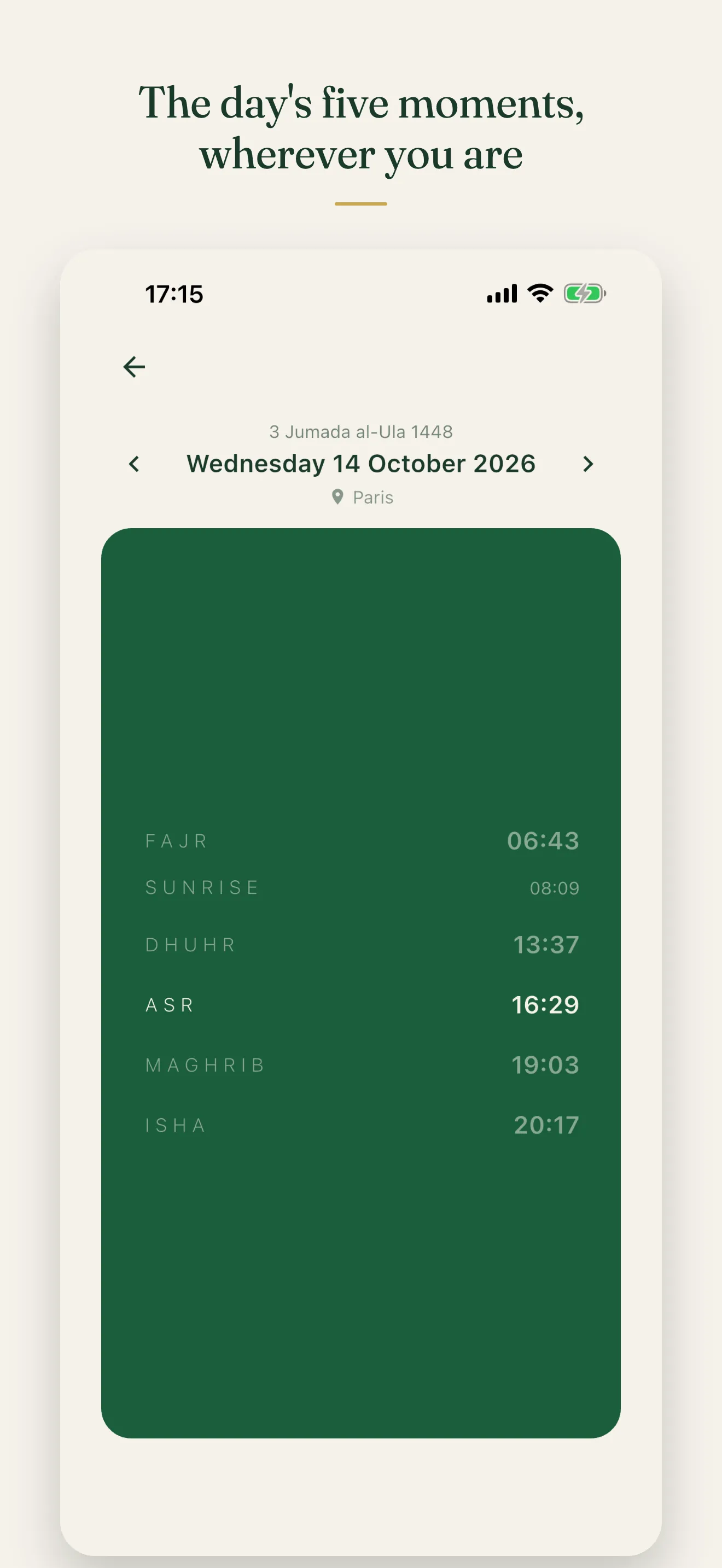 The day page: the five moments of the day and their times, sunrise included