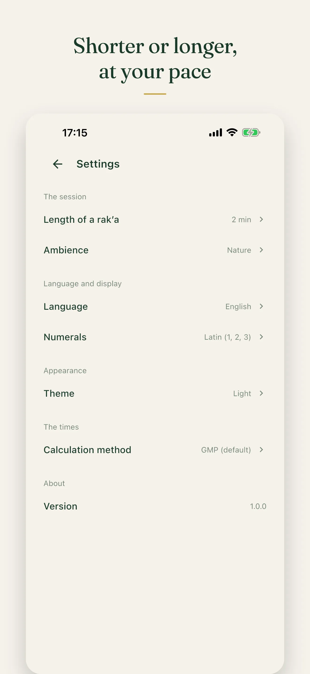 Settings: the length of a rak'a, the ambience, the language, the numerals, the theme and the calculation method