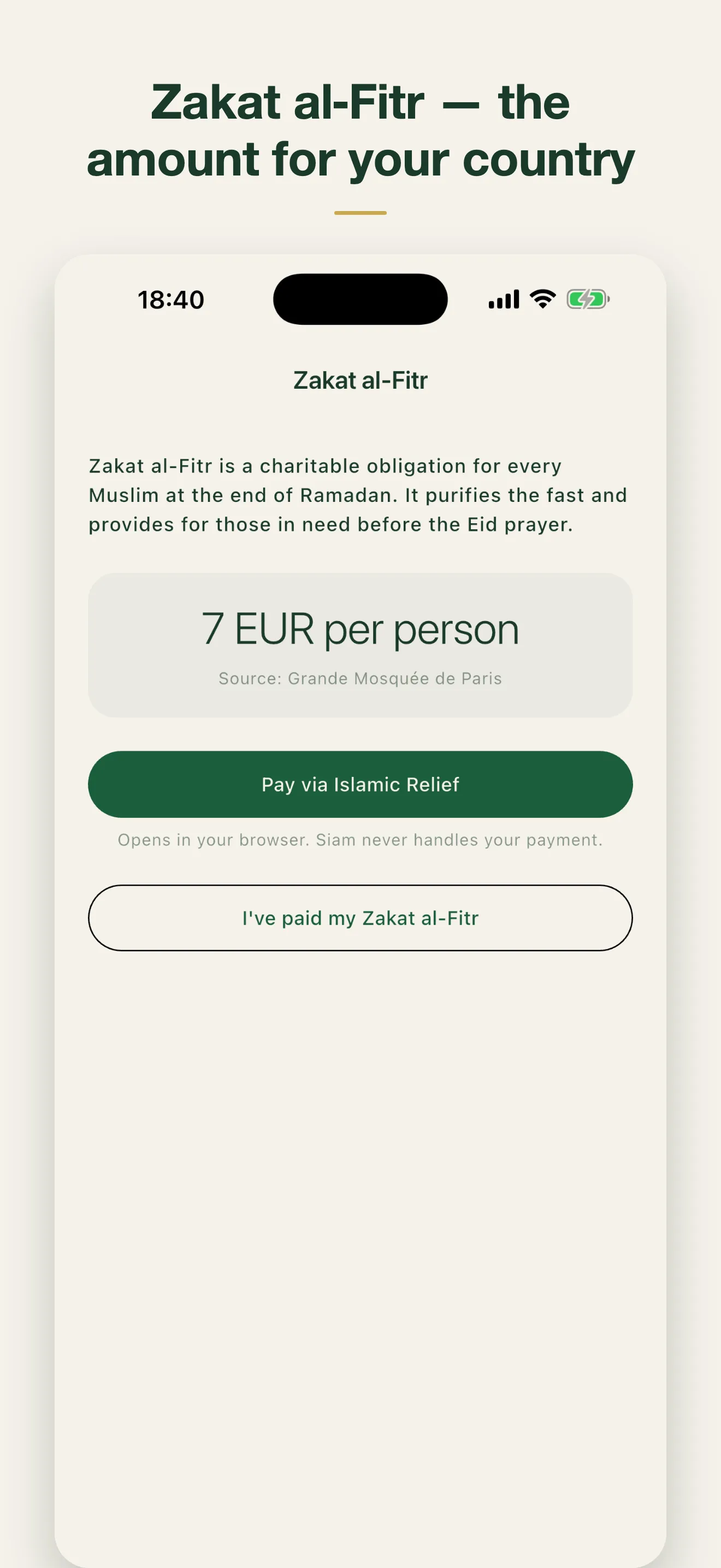 The Zakat al-Fitr screen: the amount per person for your country, with its source