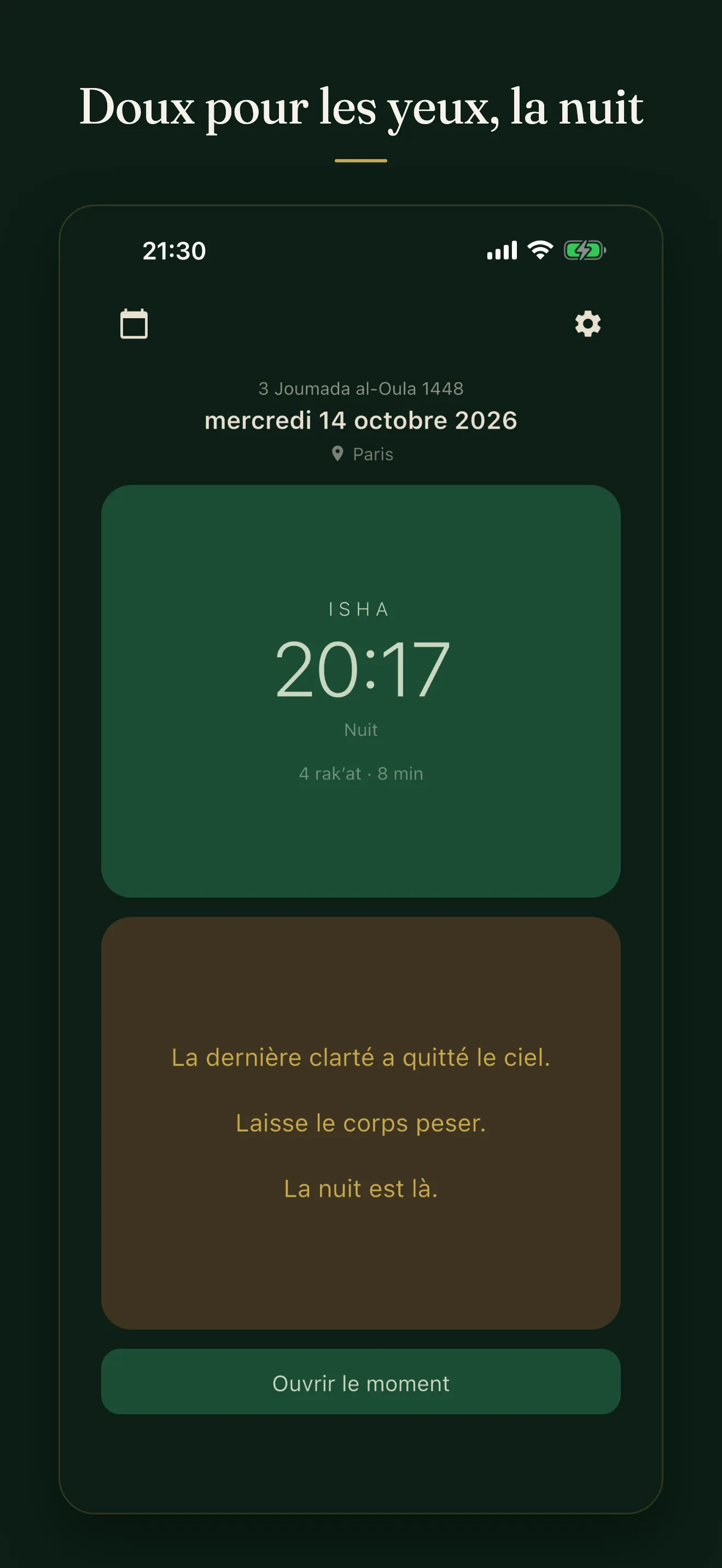 L'accueil de Falaq en mode sombre, à l'Isha