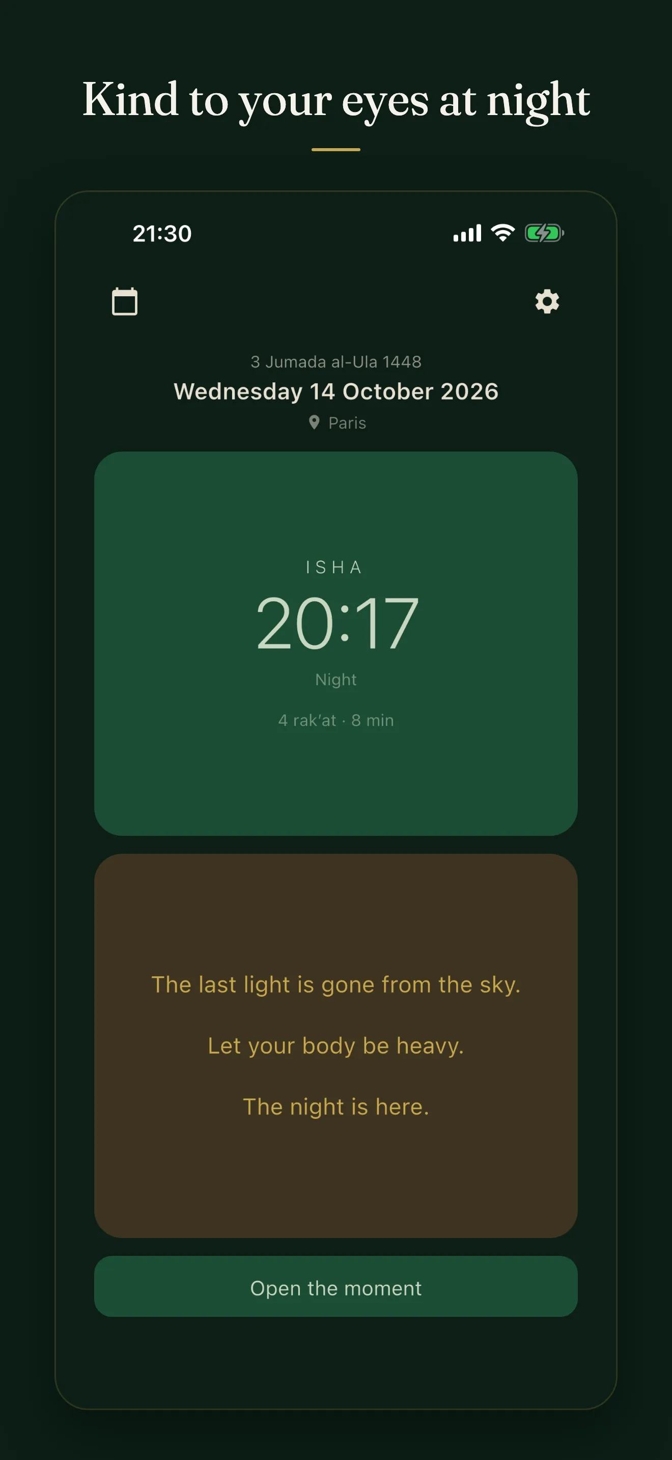 The Falaq home screen in dark mode, at Isha